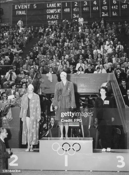 The winners of the women's 400 metres freestyle event at the Empire Pool in Wembley during the 1948 Summer Olympics in London, UK, 7th August 1948....