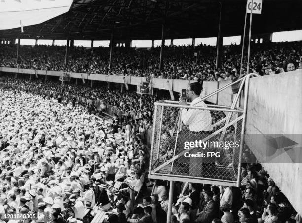 Special cages are set up in the stands for the official cameramen at the 1956 Summer Olympic Games in Melbourne, Australia, 23rd November 1956.