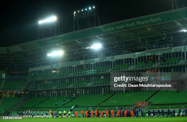 The 2 teams social distance as they line up prior to the UEFA Women's EURO 2022 qualifier match between Netherlands Women's and Estonia Womens's at...