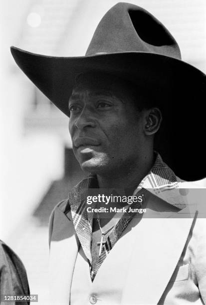 Former standout player Pele wears a cowboy hat while being feted at a soccer game between the New York Cosmos and the Colorado Caribous at Mile High...