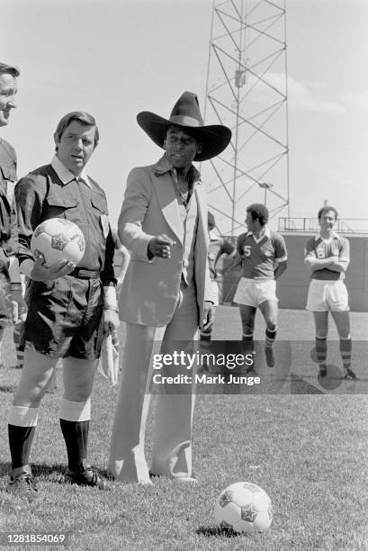 Former standout player Pele is feted during a soccer game between the Colorado Caribous and the New York Cosmos at Mile High Stadium on May 14, 1978...