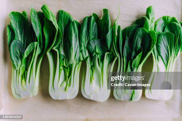 bokchoy split in half ready to grill - chinese cabbage stock pictures, royalty-free photos & images