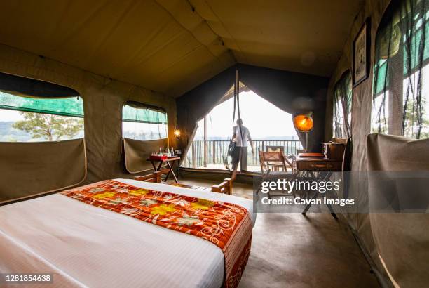 bedroom inside of a luxury camp on the sri lankan highlands - camping de lujo fotografías e imágenes de stock