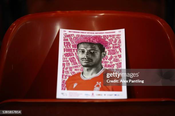 Match programme is seen in a seat prior to the Sky Bet Championship match between Nottingham Forest and Brentford at City Ground on October 23, 2020...