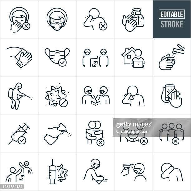 ilustraciones, imágenes clip art, dibujos animados e iconos de stock de iconos de línea delgada de prevención de virus - trazo editable - estornudar