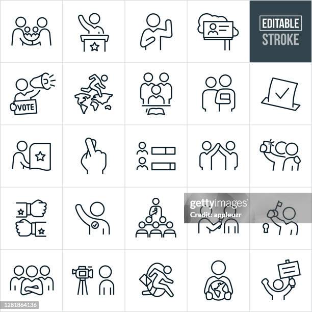 illustrazioni stock, clip art, cartoni animati e icone di tendenza di icone della politica e delle elezioni a linea sottile - tratto modificabile - disegno di legge