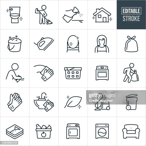 reinigen von thin line icons - bearbeitbarer strich - housework stock-grafiken, -clipart, -cartoons und -symbole