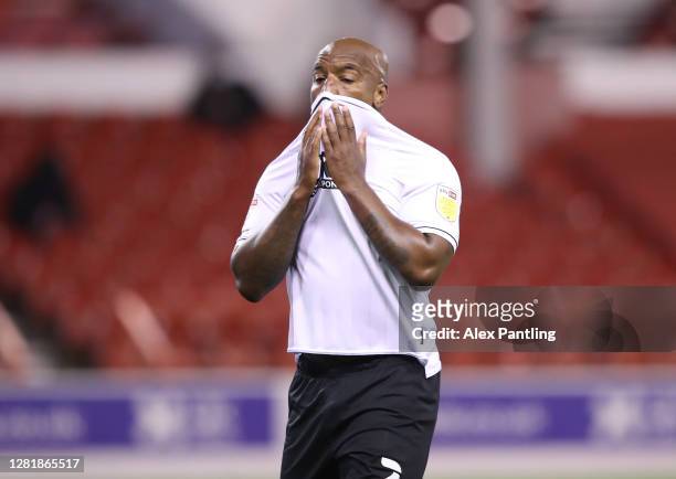Andre Wisdom of Derby County reacts during the Sky Bet Championship match between Nottingham Forest and Brentford at City Ground on October 23, 2020...