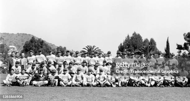 Portrait of players and officials from the Chicago Cubs baseball team as they pose at spring training, Catalina Island, California, March 1934.