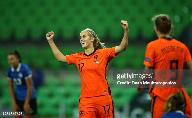 Katja Snoeijs of Netherlands celebrates after scoring her team's seventh goal during the UEFA Women's EURO 2022 qualifier match between Netherlands...