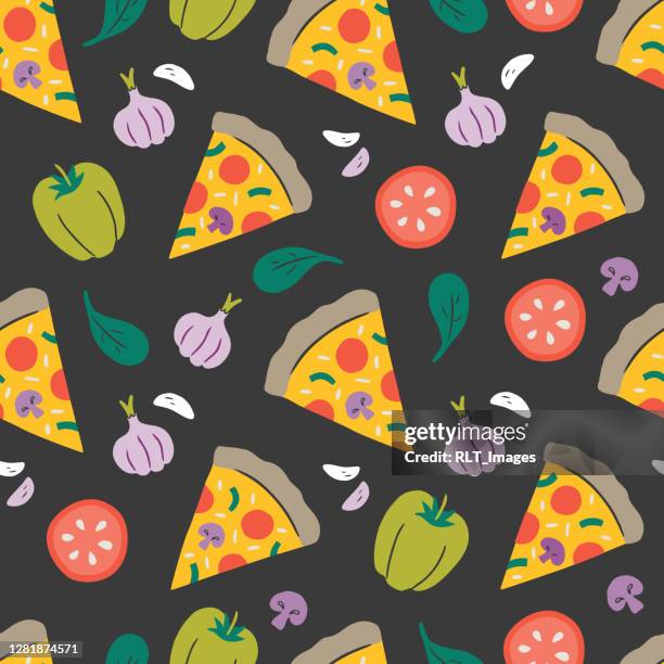 ilustraciones, imágenes clip art, dibujos animados e iconos de stock de patrón de repetición sin costuras vectorial dibujado a mano de pizza y coberturas frescas - pizza