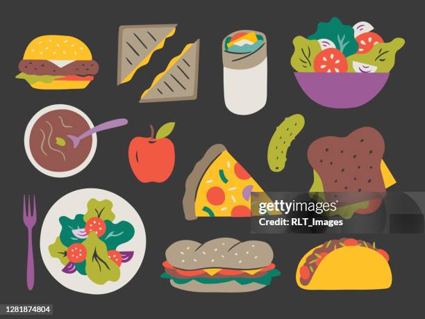 illustrazioni stock, clip art, cartoni animati e icone di tendenza di illustrazione di antipasti freschi per il pranzo — elementi vettoriali disegnati a mano - insalata