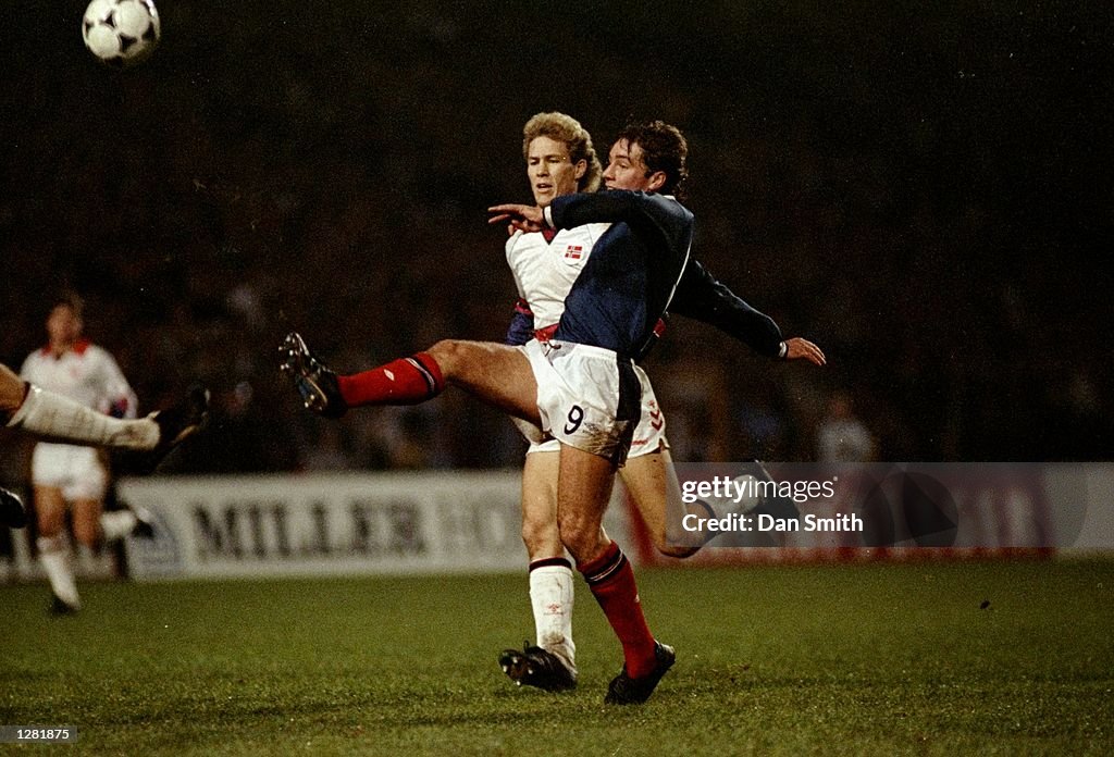 Ally McCoist of Scotland and Thorstvedt of Norway