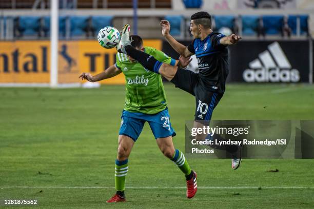 Cristian Espinoza of the San Jose Earthquakes jumps to win the ball during a game between Seattle Sounders FC and San Jose Earthquakes at Earthquakes...