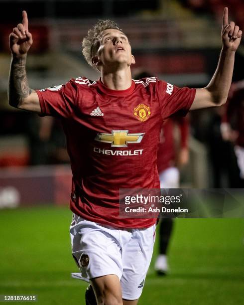 Ethan Galbraith of Manchester United U23s celebrates scoring their second goal during the Premier League 2 match between Manchester United U23s and...