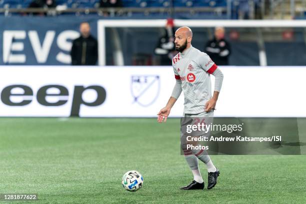 Laurent Ciman of Toronto FC looks to pass during a game between Toronto FC and New England Revolution at Gillette Stadium on October 7, 2020 in...