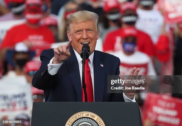President Donald Trump speaks during his campaign event at The Villages Polo Club on October 23, 2020 in The Villages, Florida. President Trump...