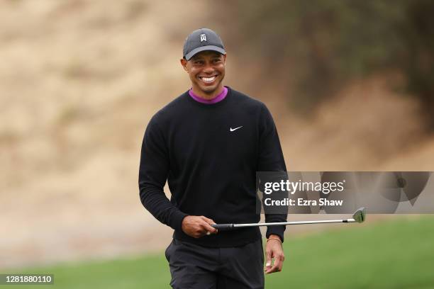 Tiger Woods of the United States reacts on the eighth green during the second round of the Zozo Championship @ Sherwood on October 23, 2020 in...