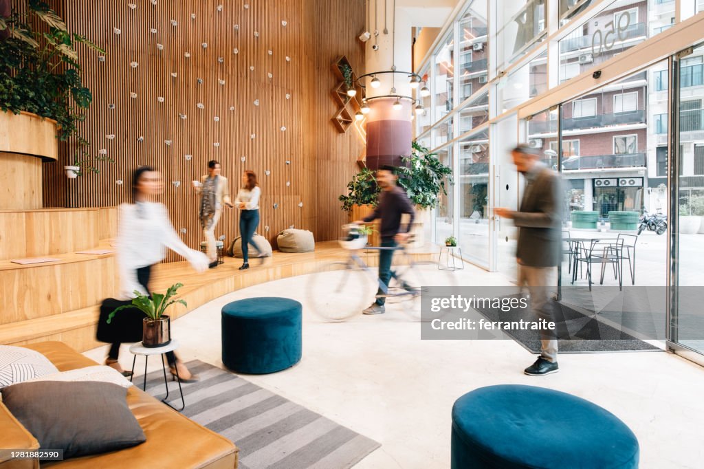 Commuters arriving to office lobby