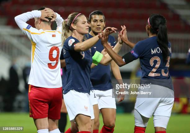 Eugenie Le Sommer of France celebrates her goal during the UEFA Women EURO 2022 qualifier match between France Women and North Macedonia Women at...