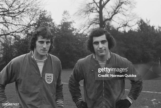 English footballers Ray Clemence and Peter Shilton training with the England team, UK, 23rd January 1973.