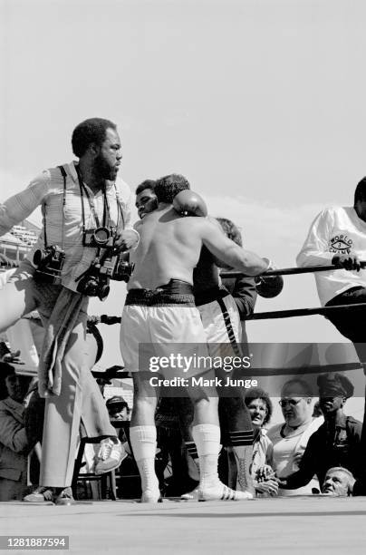 Lyle Alzado , hugs Muhammad Ali following an eight-round exhibition match at Mile High Stadium on July 14, 1979 in Denver, Colorado. Alzado was a...