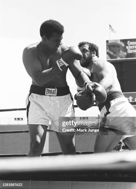 Muhammad Ali , blocks a left hook from Lyle Alzado during an eight-round exhibition match at Mile High Stadium on July 14, 1979 in Denver, Colorado....