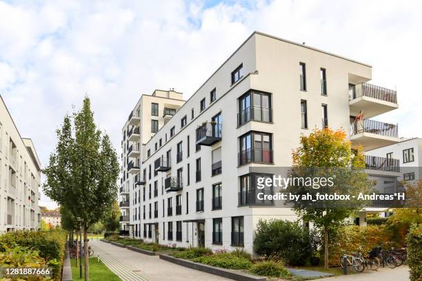 cityscape with modern residential area, new apartment buildings and green courtyard with pavement and trees in autumn - residential building stock-fotos und bilder