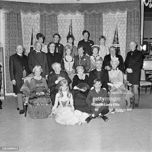 The cast of the new BBC television series 'The Forsyte Saga', based on the novels by John Galsworthy, UK, 7th July 1966. From left to right Ursula...