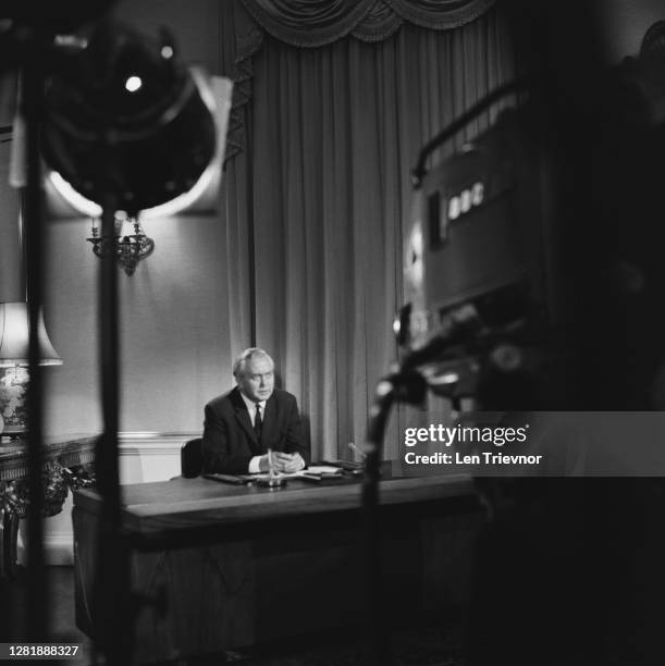 British Prime Minister Harold Wilson makes a ministerial broadcast on the Rhodesian crisis, UK, 12th October 1965.