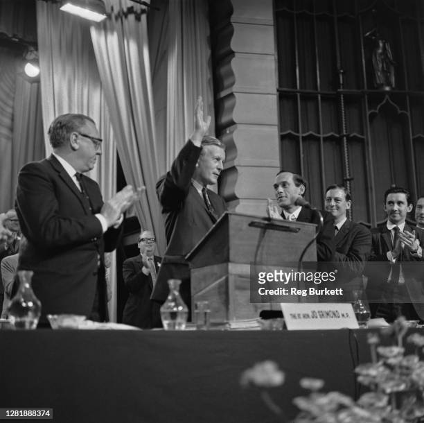 Party leader Joe Grimond gives a speech at the Liberal Party Conference, UK, 20th September 1966. From left to right, Lord Byers, Grimond, Jeremy...