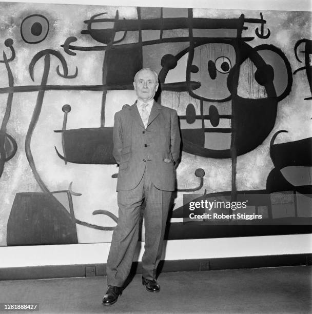 Spanish artist Joan Miro at Marlborough Fine Art Galleries in London for his one-man exhibition, UK, 24th May 1966.