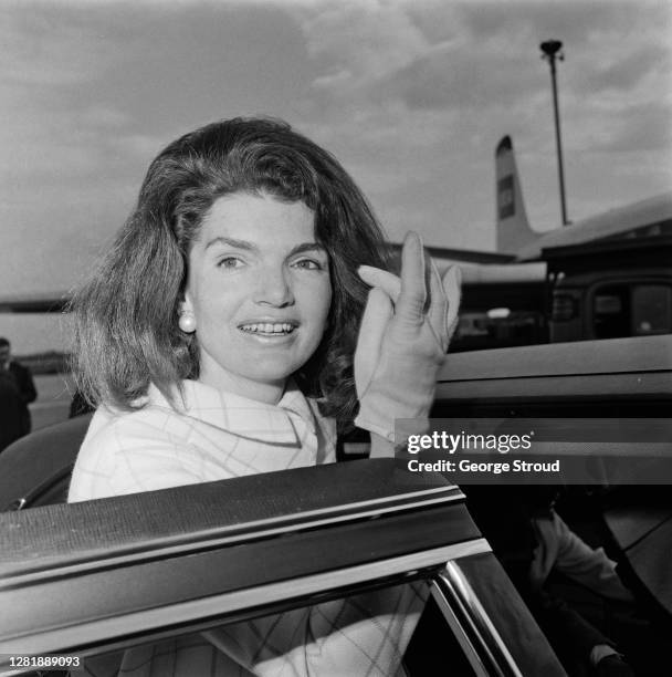 Jacqueline Kennedy , the widow of President John F Kennedy, arrives at London Airport, UK, 25th April 1966.