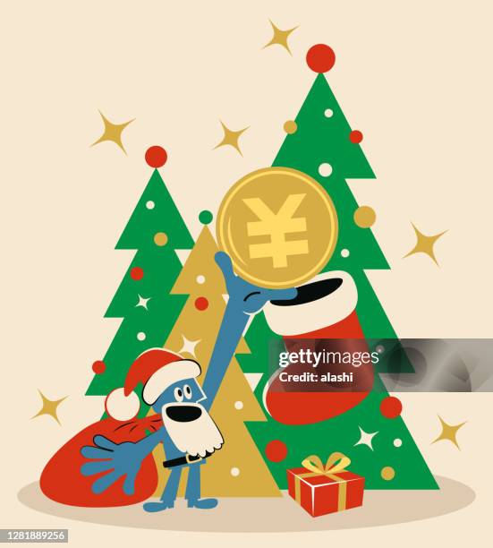 smiling santa claus is putting yuan or yen sign coin (chinese, taiwanese or japanese currency) in christmas stocking; merry christmas and new year greeting - big xmas stocking stock illustrations