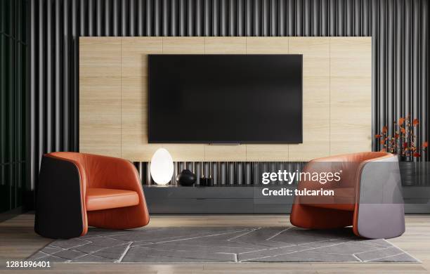 8k tv room modern minimalist living room with flat tv - hd format stock pictures, royalty-free photos & images