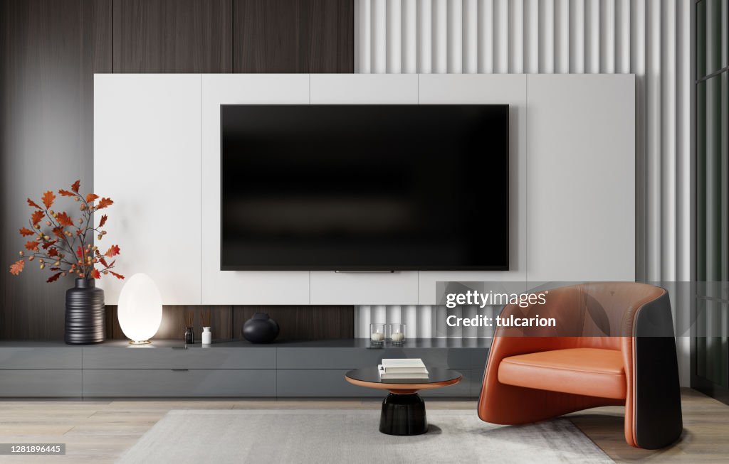 8K TV Zimmer modernes minimalistisches Wohnzimmer mit Flachbildfernseher