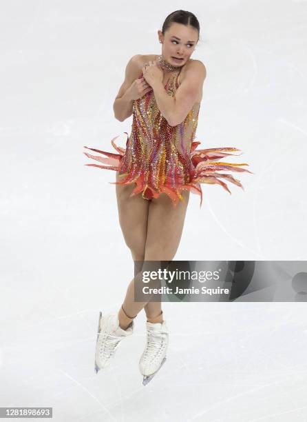 Mariah Bell of the USA competes in the Ladies Short Program during the ISU Grand Prix of Figure Skating at the Orleans Arena on October 23, 2020 in...