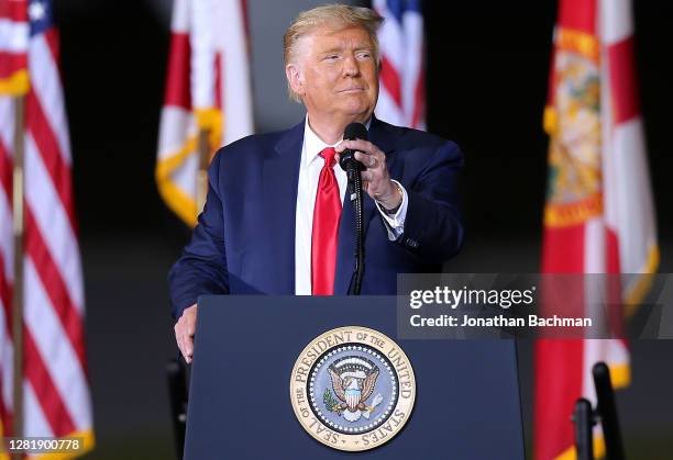 President Donald Trump speaks during a rally on October 23, 2020 in Pensacola, Florida. With less than two weeks before the general election,...