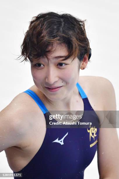 Rikako Ikee of Japan smiles during the opening ceremony of the Tokyo Aquatics Centre on October 24, 2020 in Tokyo, Japan.