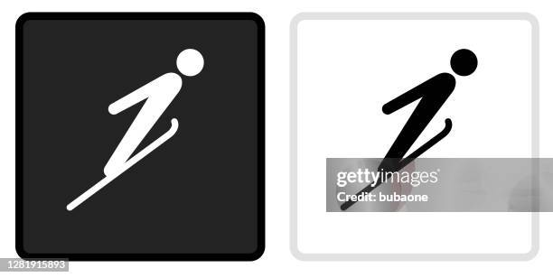 ski jump icon on black button with white rollover - ski jumper stock illustrations