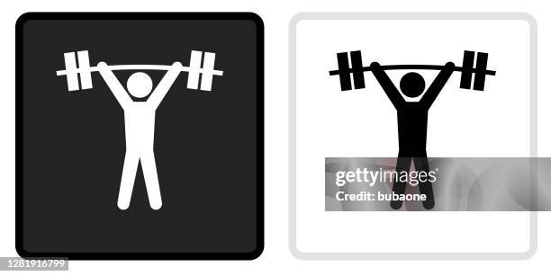 wieghtlifter icon on  black button with white rollover - stick figure exercise stock illustrations