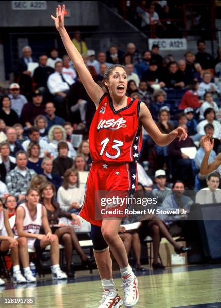 Team USA's Rebecca Lobo calls for the basketball in an exhibition game against her former team, the UConn Huskies, Storrs CT 1995.