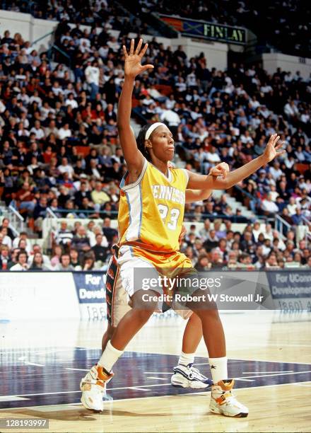 Tennessee's Chamique Holdsclaw posts up against UConn, Hartford CT 1999.