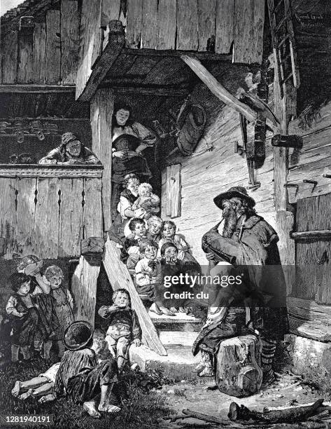 children listen to a bagpiper man - piper stock illustrations