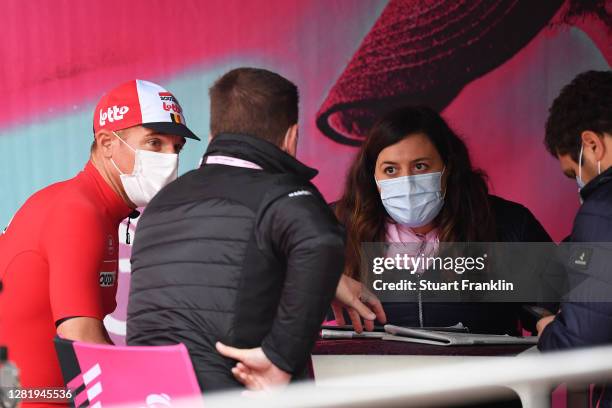 Start / Adam Hansen of Australia and Team Lotto Soudal and Mauro Vegni of Italy Giro d'Italia Director talk about what happened yesterday when the...