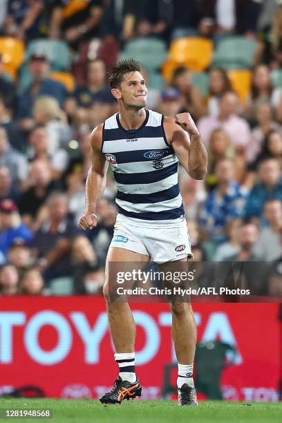 Tom Hawkins of the Cats celebrates a goal during the 2020 AFL Grand Final match between the Richmond Tigers and the Geelong Cats at The Gabba on...