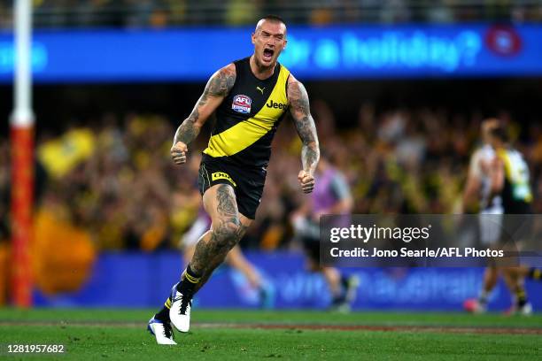 Dustin Martin of the Tigers celebrates a goal during the 2020 AFL Grand Final match between the Richmond Tigers and the Geelong Cats at The Gabba on...