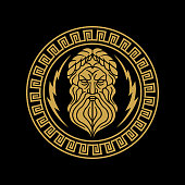 vintage golden circular greek thunder god zeus vector icon