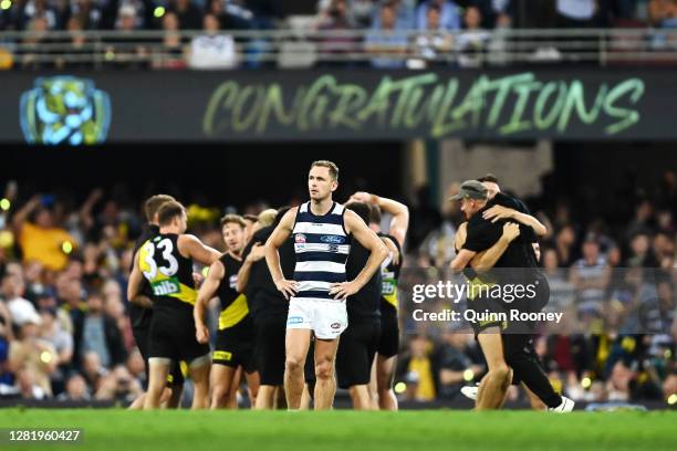 Joel Selwood of the Cats looks dejected after losing the 2020 AFL Grand Final match between the Richmond Tigers and the Geelong Cats at The Gabba on...