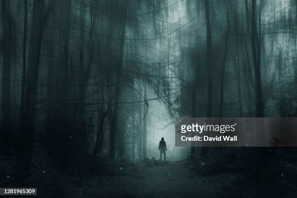 a spooky hooded figure, standing in a winter forest. with glowing supernatural lights. with a blurred, abstract edit - spooky stock-fotos und bilder
